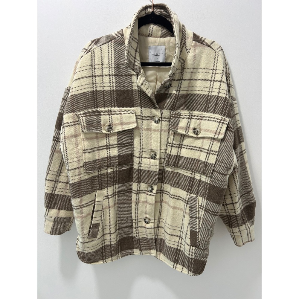 Angel Kiss Los Angeles Brown Plaid Quilted Lined Shacket Jacket Womens XL
